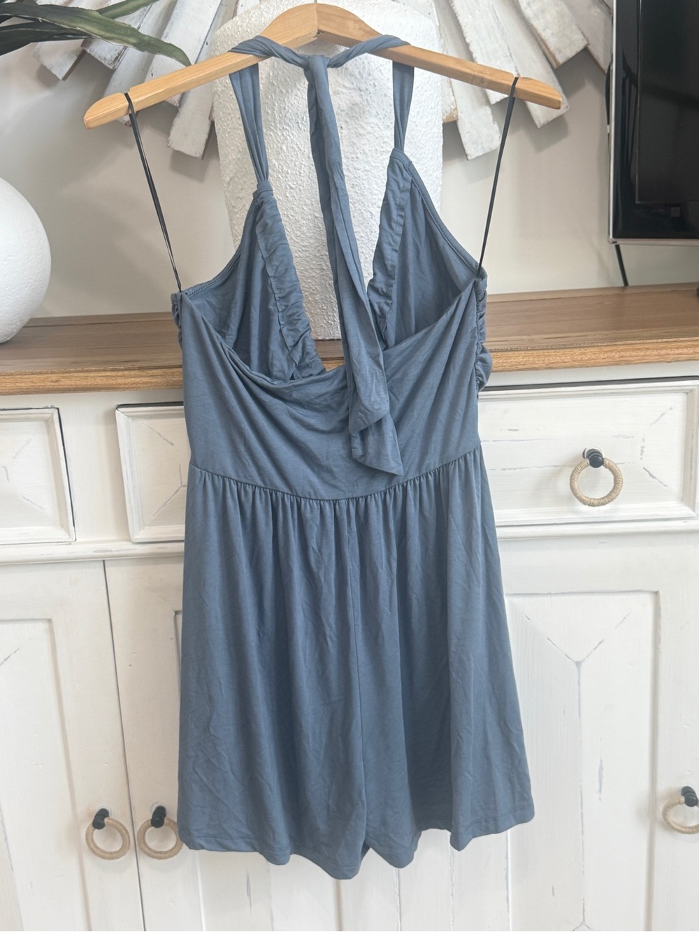 Sleeveless Blue Halter Sundress Romper, Size Medium - Picture 3 of 5